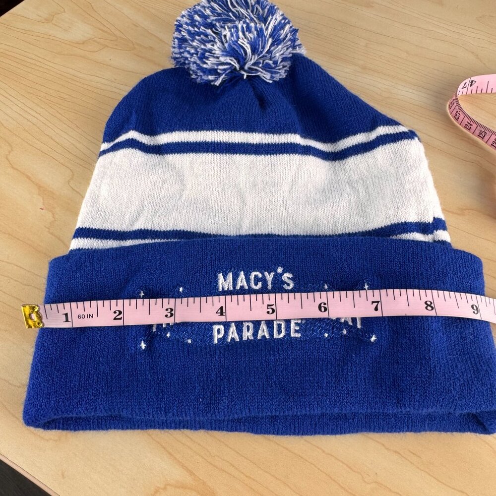 Macys Thanksgiving Day Parade Blue White Beanie Pom Pom Unisex Stretch Souvenir - Picture 5 of 7